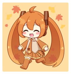  1girl :d ^_^ ahoge autumn_leaves blush_stickers border chibi chibi_only closed_eyes commentary_request detached_sleeves double-parted_bangs full_body hatsune_miku highres leaf long_hair necktie nukotun open_mouth orange_hair orange_necktie orange_theme simple_background smile solo standing standing_on_one_leg twintails very_long_hair vocaloid white_border yellow_background 