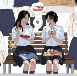  bento black_hair blue_skirt food fruit glasses gzzf highres long_hair multiple_girls onigiri original sandwich school_uniform short_hair sitting skirt slice_of_life smile socks strawberry 