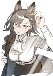  1girl animal_ears arknights ascot black_nails black_skirt breasts brown_hair commentary_request dress_shirt dressing earrings emphasis_lines extra_ears hair_ornament jacket jamg336 jewelry leaning_forward long_hair long_sleeves looking_at_viewer medium_breasts mole mole_above_mouth penance_(arknights) shirt simple_background skirt solo suit_jacket tail white_ascot white_background white_shirt wolf_ears wolf_girl wolf_tail yellow_eyes 
