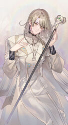  1boy :| absurdres asymmetrical_hair black_collar blonde_hair blue_gem cape chain chain_necklace closed_mouth collar commentary cowlick curtained_hair earrings expressionless feet_out_of_frame gem gradient_background hair_between_eyes hair_over_shoulder hand_on_own_chest head_tilt highres holding holding_staff huey_(nu_carnival) jewelry jira_(0116) long_sleeves looking_at_viewer male_focus medium_hair necklace no_pupils nu_carnival purple_background robe scar scar_on_face scar_on_neck see-through_clothes see-through_shirt shirt solo staff striped_cape striped_clothes striped_shirt sunburst tassel tassel_earrings white_background white_cape white_robe white_shirt yellow_eyes 