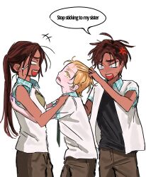  +++ 1girl 2boys alien_stage anger_vein black_shirt blank_eyes blonde_hair brown_hair commentary contrast_collar dark-skinned_female dark-skinned_male dark_skin english_commentary english_text grabbing_another's_hair green_shirt grey_eyes hherk11 highres holding_another's_hair hyuna_(alien_stage) hyunwoo_(alien_stage) laughing layered_shirt luka_(alien_stage) multiple_boys ponytail school_uniform shirt sleeves_rolled_up white_shirt yellow_eyes 