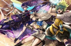  1boy 3girls another_eden aqua_hair battle black_boots black_dress black_pants black_shoes black_sleeves blonde_hair blue_neckerchief boots breasts butterfly_hair_ornament commentary_request detached_sleeves dewey_(another_eden) drawing_sword dress drill_hair e_haruno flower footwear_flower furrowed_brow green_hair hair_between_eyes hair_ornament hat highres holding holding_polearm holding_sword holding_weapon isuka_(another_eden) jacket large_breasts long_hair mechanical_arms medium_breasts mini_hat multicolored_hair multiple_girls neckerchief open_mouth pants polearm ponytail premaya_(another_eden) purple_hair robot_girl shirt shoes sleeveless sleeveless_dress smile socks streaked_hair suzette_(another_eden) sword violet_eyes weapon white_dress white_jacket white_socks white_wrist_cuffs wrist_cuffs yellow_eyes yellow_shirt 