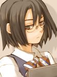  bob_cut book bow_tie bowtie brown_eyes character_request frown glasses kurenai looking_back murakami_ginko short_hair source_request striped 