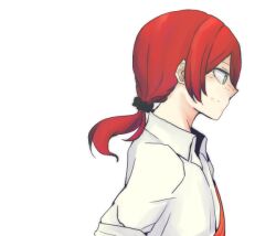  1girl alternate_costume alternate_hair_length_(longer) alternate_hairstyle blush commentary_request danganronpa_(series) danganronpa_2:_goodbye_despair eyelashes freckles from_side green_eyes koizumi_mahiru medium_hair ponytail red_hair shinshishinc shirt simple_background solo white_background white_shirt 