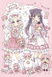  6+girls :d accurate_lolita_coord animal_ear_fluff animal_ears badge bag black_hair blush bow button_badge cat_ears cat_girl cat_tail cellphone center_frills chibi closed_mouth collared_shirt commentary_request cover cover_page fashion forehead frilled_skirt frilled_sleeves frills fushigi_na_neko_no_machi_meltier green_eyes grey_shirt hat heart-shaped_bag highres lolita_fashion long_hair long_sleeves mini_person minigirl mob_cap moco_(fushigi_na_neko_no_machi_meltier) multiple_girls multiple_persona parted_bangs pennant phone phone_with_ears pink_bow pink_hair pink_shoes pink_skirt plaid_clothes plaid_skirt polka_dot polka_dot_skirt puffy_long_sleeves puffy_sleeves rucora_(fushigi_na_neko_no_machi_meltier) sakura_oriko sharp_teeth shirt shoes shoulder_bag skirt sleeves_past_wrists smile socks string_of_flags suspender_skirt suspenders suzu_(fushigi_na_neko_no_machi_meltier) sweet_lolita tail teeth textless_version twintails two_side_up very_long_hair violet_eyes white_hair white_hat white_shirt white_socks wide_sleeves 