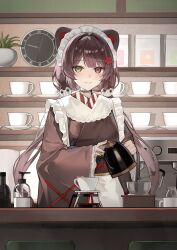  1girl :3 absurdres animal_ears animal_hair_ornament apron belt_collar black_collar bow brown_hair brown_kimono cine_(wazd0183) clock closed_mouth coffee_pot collar commentary cup flower hair_flower hair_ornament highres holding holding_coffee_pot indoors inui_toko inui_toko_(1st_costume) japanese_clothes kimono long_hair long_sleeves maid maid_headdress mug nijisanji plant potted_plant red_bow red_ribbon ribbon smile solo twintails untranslatable_commentary virtual_youtuber wa_maid white_apron wide_sleeves 