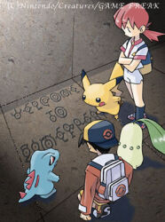  1boy 1girl backpack backwards_hat bag baseball_cap black_hair black_shoes blue_bag blue_socks chikorita commentary company_name copyright_notice crossed_arms english_commentary ethan_(pokemon) from_behind hat hood hoodie lowres official_art on_one_knee pikachu pink_hair poke_ball_print pokemon pokemon_(creature) pokemon_gold/silver/crystal red_hoodie shadow shirt shoes short_hair short_sleeves shorts socks standing sugimori_ken third-party_source totodile twintails unown unown_a unown_c unown_e unown_f unown_g unown_k unown_l unown_m unown_o unown_r unown_t unown_w unownglyphics white_bag white_shirt white_shorts 