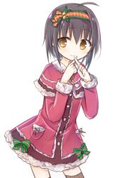  1girl amakaze_sora black_hair bow brown_eyes brown_thighhighs capelet closed_mouth dress fur-trimmed_capelet fur-trimmed_dress fur_trim green_bow hair_between_eyes hairband idolmaster idolmaster_cinderella_girls kohinata_miho pink_capelet pink_dress red_hairband ribbed_thighhighs simple_background smile solo thigh-highs white_background x_fingers 