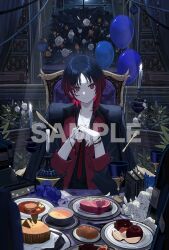  1girl apple apple_slice balloon black_hair black_jacket bracelet candle chair chocolate closed_mouth colored_inner_hair commentary_request flower food fork fruit highres jacket jacket_on_shoulders jewelry kisaragi_ren_(3rd_costume)_(vspo!) kisaragi_ren_(vspo!) knife meat multicolored_hair multiple_rings necklace necktie official_art plate red_eyes red_hair red_necktie ring rose sample_watermark second-party_source smile solo touzai_(poppin_phl95) virtual_youtuber vspo! watermark white_flower white_rose 