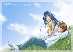  1boy 1girl 2000s_(style) 2002 aizawa_yuuichi blue_eyes blue_hair blue_pants blue_sky blush brown_hair brown_shirt closed_eyes closed_mouth clouds commentary_request day full_body grass hair_intakes kanon long_hair long_sleeves lying minase_nayuki on_back on_ground open_mouth outdoors pants shirt shoes short_hair sky smile todoemon web_address white_shirt white_shoes 