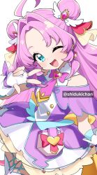  1girl :d ;d ahoge akechi_anna blue_eyes blush commentary_request cure_answer double_bun fingerless_gloves gloves hair_bun highres long_hair looking_at_viewer magic meitantei_precure! one_eye_closed open_mouth pink_hair precure shigatsu_shizuki simple_background smile solo twitter_username w white_background white_gloves 