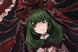  1girl bow closed_mouth commentary_request dress expressionless frilled_bow frills green_eyes green_hair hair_bow highres kagiyama_hina kmusy_mp4 long_hair portrait red_bow red_dress solo touhou 