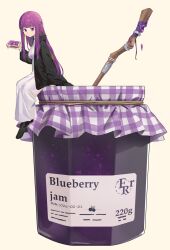  1girl absurdres black_robe blueberry_jam blunt_bangs breasts closed_mouth commentary_request dated dress fern_(sousou_no_frieren) food full_body hair_ornament hairclip hand_up highres holding holding_food holding_sandwich hooded_robe jam long_hair long_sleeves mage_staff medium_breasts mini_person minigirl on_food open_clothes open_robe purple_hair robe sandwich simple_background sitting solo sousou_no_frieren staff straight_hair violet_eyes vulpes white_background white_dress 