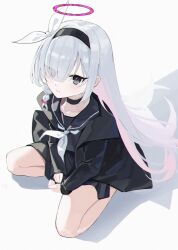  1girl black_choker black_eyes black_hairband blue_archive blush braid choker closed_mouth colored_inner_hair commentary full_body hair_over_one_eye hair_ribbon hairband halo highres kneeling long_hair long_sleeves looking_at_viewer multicolored_hair pink_hair plana_(blue_archive) red_halo ribbon sailor_collar school_uniform serafuku simple_background single_braid skirt solo veeluna very_long_hair white_background white_hair 