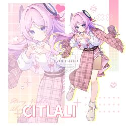  1girl :t blue_eyes blush braid breasts brown_skirt character_name citlali_(genshin_impact) closed_mouth commentary_request facial_mark genshin_impact hair_intakes jacket long_hair multiple_views pink_hair pink_jacket pink_skirt shirase_(shirose) skirt solo thumbs_down twin_braids 