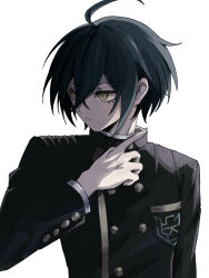  1boy ahoge black_jacket breast_pocket buttons closed_mouth commentary_request danganronpa_(series) danganronpa_v3:_killing_harmony green_eyes green_hair hair_between_eyes hand_up high_collar jacket long_sleeves male_focus mo_no960 pocket saihara_shuichi short_hair simple_background solo striped_clothes striped_jacket upper_body vertical-striped_clothes vertical-striped_jacket white_background 