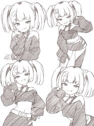  1girl :3 :p arm_under_breasts arm_up bare_shoulders belt belt_buckle blunt_bangs blunt_ends blunt_sidelocks bright_pupils buckle closed_mouth collarbone commentary_request contrapposto coral_(pokemon) crop_top cropped_legs cropped_torso dot_nose elbow_on_arm elbow_rest fang fang_out frown greyscale hair_ornament halterneck hand_on_own_hip hand_on_own_thigh hand_up hatching_(texture) highres leaning_forward light_blush linear_hatching long_sleeves looking_at_viewer medium_hair mesugaki microskirt midriff monochrome multiple_views nattocurryumeee navel off_shoulder pencil_skirt pokemon pokemon_(anime) pokemon_horizons puffy_long_sleeves puffy_sleeves raised_eyebrow sidelocks simple_background skirt sleeves_past_fingers sleeves_past_wrists smug spiked_clothes spiked_sleeves thigh_strap tongue tongue_out twintails v-shaped_eyebrows white_background x_hair_ornament 