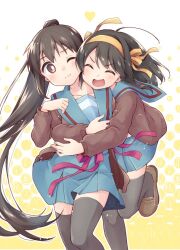  2girls :d black_thighhighs blue_sailor_collar blue_skirt blush brown_cardigan brown_hair brown_shoes cardigan closed_eyes closed_mouth commentary_request genderswap genderswap_(mtf) genderswap_on_non-genderswap hair_ribbon hairband half-closed_eyes happy heart hug hug_from_behind kita_high_school_uniform kyonko long_hair long_sleeves looking_at_another multiple_girls neck_ribbon one_eye_closed open_cardigan open_clothes open_mouth ponytail red_ribbon ribbon sailor_collar school_uniform serafuku shoes short_hair skirt smile standing suzumiya_haruhi suzumiya_haruhi_no_yuuutsu taiki_(6240taiki) thigh-highs very_long_hair winter_uniform yellow_ribbon yuri zettai_ryouiki 