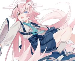  1girl :o absurdly_long_hair ahoge aqua_necktie beretta_1301 blue_archive blue_eyes blue_shoes blue_skirt chestnut_mouth collared_shirt dress_shirt fang foot_out_of_frame gun halo hanakiri22 heterochromia highres holding holding_gun holding_weapon hoshino_(blue_archive) huge_ahoge long_hair long_sleeves looking_at_viewer necktie open_mouth pink_hair pink_halo popped_collar puffy_long_sleeves puffy_sleeves shirt shirt_tucked_in shoes simple_background skin_fang skirt sneakers socks solo very_long_hair weapon white_background white_shirt white_socks yellow_eyes 
