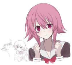  1boy 1girl annoyed bow chaos;child chest_bow clenched_hands commentary_request hair_between_eyes hekiho_academy_school_uniform highres korean_commentary miyashiro_takuru nekwnek onoe_serika pink_eyes pink_hair pout red_bow school_uniform science_adventure 
