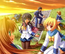  2boys 4girls all_fours back_bow black_hair black_pantyhose black_scarf black_socks blue_eyes blue_jacket blue_pants blue_sailor_collar blue_scarf blue_shirt blue_skirt boots bow bowtie braid brown_eyes brown_hair brown_shoes buttons clover_point double-breasted evening game_asset grass green_bow green_eyes hair_bun hair_intakes hair_ornament hair_ribbon half_updo hand_up hinata_miori inamori_mahoshi jacket kashiwagi_tsukine knee_boots kneehighs kneeling leaning_forward loafers long_hair long_scarf multiple_boys multiple_girls non-web_source official_art outdoors pants pantyhose pink_scarf plaid_clothes plaid_skirt red_eyes ribbon sailor_collar scarf school_uniform seiza shirt shoes short_hair short_twintails sitting skirt sky socks stairs standing takanashi_yaya thigh-highs turtleneck twin_braids twintails white_jacket white_sailor_collar white_thighhighs yellow_bow yellow_bowtie yellow_scarf yuyi 