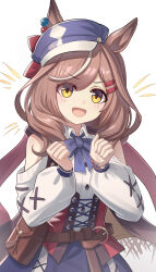  1girl absurdres animal_ears belt_bag blue_bow blue_hat blush bow breasts brown_hair center_frills clothing_cutout corset ears_through_headwear frills hair_ornament hairclip hat highres horse_ears horse_girl horse_tail junsanholo looking_at_viewer matikanetannhauser_(clippety-tippety-clop)_(umamusume) matikanetannhauser_(umamusume) medium_breasts medium_hair multicolored_hair newsboy_cap open_mouth parallel_hairclips red_corset shirt shoulder_cutout smile solo streaked_hair tail tilted_headwear umamusume white_shirt yellow_eyes 