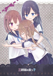  3girls amakaze_sora black_hair blue_eyes blue_neckerchief blue_sailor_collar blue_skirt blush brown_eyes brown_hair closed_eyes commentary_request cover cover_page fang hair_ornament hairclip long_hair multiple_girls neckerchief open_mouth original pink_neckerchief pleated_skirt polka_dot polka_dot_background puffy_short_sleeves puffy_sleeves sailor_collar school_uniform serafuku shirt short_sleeves skirt translation_request twintails very_long_hair violet_eyes white_shirt x_hair_ornament yuri 