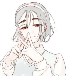  1girl alien_stage black_hair blue_sweater_vest commentary english_commentary hairband highres kuradrawings official_alternate_costume portrait short_hair solo steepled_fingers sua_(alien_stage) sweater_vest thick_eyebrows violet_eyes white_hairband 