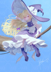  1girl 72mikan_1687 absurdres apron blonde_hair blue_sky blush boots bow braid broom broom_riding closed_mouth commentary_request day full_body hair_bow hat hat_bow high_heel_boots high_heels highres kirisame_marisa lace-up_boots long_hair looking_at_viewer outdoors purple_boots purple_bow purple_hat purple_nails purple_skirt purple_vest side_braid signature single_braid skirt sky smile solo touhou very_long_hair vest waist_apron watermark watermark_grid white_apron white_bow witch_hat yellow_eyes 