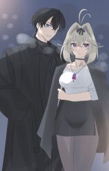  1boy 1girl absurdres antenna_hair black_choker black_coat black_hair black_jacket black_skirt blue_eyes breasts choker closed_mouth coat collarbone hair_between_eyes hair_intakes hand_in_pocket highres jacket jewelry kamen_rider kamen_rider_zeztz_(series) meitantei_precure! moria_luluka necklace nox_(kamen_rider_zeztz) pantyhose parted_lips pencil_skirt precure reiei_8 shirt short_hair side_slit skirt violet_eyes white_shirt 