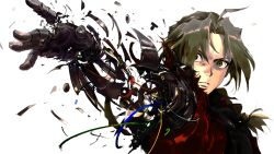  1boy ahoge automail blonde_hair braid braided_ponytail coat commentary curtained_hair edward_elric english_commentary fullmetal_alchemist highres male_focus mechanical_arms my_nameisyoon parted_lips red_coat short_hair simple_background single_mechanical_arm solo teeth upper_body white_background yellow_eyes 