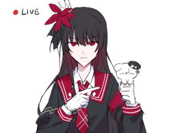  1girl animal animalization armband black_capelet black_hair black_shirt capelet collared_shirt commentary_request crown flower gloves hair_flower hair_ornament holding holding_animal livestream long_hair long_sleeves looking_at_viewer mahou_shoujo_no_majo_saiban mini_crown necktie nikaido_hiro red_armband red_eyes red_flower red_necktie sakuraba_ema shirt side_capelet simple_background solo straight-on touming_jun upper_body white_background white_gloves white_shirt 