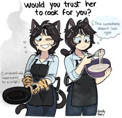  1girl ahoge animal_ears apron back_ribbon black_apron black_eyes black_ribbon blue_pants bowl breasts brown_hair burnt_food cat_ears cat_girl cat_tail closed_mouth collarbone collared_shirt english_text fang flying_sweatdrops frying_pan gloves highres holding holding_bowl holding_frying_pan holding_whisk large_breasts mitsuko_tan multicolored_hair nina_(mitsuko_tan) one_eye_closed open_mouth original outline pants ribbon shirt short_hair signature skin_fang smoke speech_bubble streaked_hair striped_clothes striped_shirt sweat tail thought_bubble wavy_mouth whisk white_background white_hair white_outline yellow_gloves 