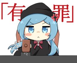  1girl black_dress black_hat blue_eyes blue_hair blush_stickers bow bowtie chibi chibi_only closed_mouth commentary_request crack dress frown gavel hat hatsune_miku holding holding_gavel holding_mallet jitome judge long_hair looking_at_viewer low_twintails mallet nukotun red_bow red_bowtie ren'ai_saiban_(vocaloid) simple_background solo translated twintails upper_body v-shaped_eyebrows vocaloid white_background 