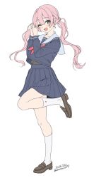  1girl absurdres blue_serafuku blue_shirt blue_skirt blush breasts brown_shoes commentary_request green_eyes highres long_hair long_sleeves looking_at_viewer neckerchief one_eye_closed open_mouth original pink_hair pleated_skirt red_neckerchief sailor_collar school_uniform serafuku shirt shoes simple_background skirt smile socks solo standing standing_on_one_leg twintails unasaka_ryou white_background white_sailor_collar white_socks 