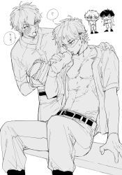  2boys belt blush bottle buttons chibi chibi_inset collarbone commentary_request daiya_no_ace goggles greyscale highres holding holding_bottle male_focus miyuki_kazuya monochrome multiple_boys open_clothes pants sa_mon sawamura_eijun short_hair simple_background sitting speech_bubble standing translation_request unbuttoned water_bottle white_background 