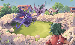  2boys black-framed_eyewear black_hair blawn_z blue_sky building collared_shirt commentary controller day dust energy_ball english_commentary fangs fighting gengar glasses grass green_hair grin highres holding holding_controller holding_remote_control horns house leaf long_sleeves midair multiple_boys nidorino opaque_glasses open_mouth outdoors poke_maniac_(pokemon) pokemon pokemon_(creature) pokemon_battle pokemon_heartgold_and_soulsilver pokemon_red/green/blue/yellow pokemon_ruby/sapphire/emerald red_shirt remote_control scene_reference shirt short_hair short_sleeves signature single_horn sky smile super_nerd_(pokemon) teeth town tree v-shaped_eyes white_shirt 