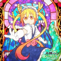  1girl :o artist_request blonde_hair commentary_request cowboy_shot dragon_girl dragon_horns dragon_tail dress elbow_gloves foreshortening from_side gloves gradient_hair horns kobayashi-san_chi_no_maidragon logo long_dress long_hair multicolored_eyes multicolored_hair official_art outstretched_arms purple_hair red_eyes slit_pupils solo stained_glass tail tail_under_clothes tohru_(maidragon) twintails two-tone_eyes very_long_hair white_gloves yellow_eyes 