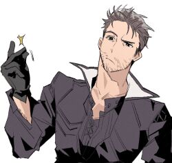  1boy beard_stubble black_gloves black_jacket brown_hair cidolfus_telamon closed_mouth facial_hair final_fantasy final_fantasy_xvi furrowed_brow garbage_paper gloves jacket light_frown male_focus popped_collar short_hair sideburns sketch snapping_fingers solo stubble upper_body white_background 