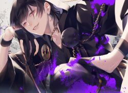 1boy black_gloves black_hair black_nails bracelet character_request commentary_request eyes_visible_through_hair gloves head_rest highres hood hood_up jewelry lips male_focus nail_polish nipponia_nippon paint_splatter parted_lips partially_fingerless_gloves red_eyes short_hair smile solo touken_ranbu 
