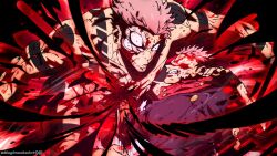  2boys absurdres arm_tattoo black_flash_(jujutsu_kaisen) chest_tattoo ear_piercing extra_arms extra_eyes facial_tattoo highres itadori_yuji jujutsu_kaisen jujutsu_tech_uniform magimeoka multiple_boys muscular muscular_male piercing pink_hair ryoumen_sukuna_(jujutsu_kaisen) ryoumen_sukuna_(true_form)_(jujutsu_kaisen) short_hair shoulder_tattoo tattoo 