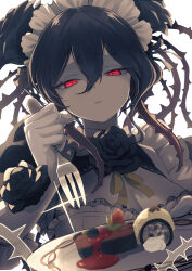  1girl apron black_flower black_hair black_rose cake commentary_request cream disgust elbow_gloves eyelashes flower food fork fruit gloves half-closed_eyes highres holding holding_fork ikeya_(higumake) maid maid_apron maid_headdress official_alternate_costume pale_skin plate puzzle_&amp;_dragons raised_inner_eyebrows red_eyes rose rosetta_(p&amp;d) sidelocks solo strawberry thorns upper_body white_background white_gloves 