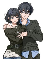  1boy 1girl alternate_costume belt belt_buckle black_belt black_eyes black_hair black_sweater blue_pants blue_shirt blunt_bangs blush bob_cut breasts buckle closed_mouth collared_shirt commentary_request commission cowboy_shot cross cross_necklace denim double-parted_bangs dress_shirt finger_gun floating_hair grey_eyes grey_pants grey_sweater hair_between_eyes hand_on_another's_chin hand_on_another's_shoulder hand_up head_tilt hetero highres jeans jewelry korean_commentary layered_shirt long_sleeves looking_at_another looking_at_viewer loose_hair_strand mole mole_under_mouth necklace oc_x_canon off-shoulder_sweater off_shoulder open_collar original ottonyao pants pearl_necklace second-party_source shirt short_hair sidelocks sideways_glance simple_background single_bare_shoulder small_breasts smile sweater tachibana_naoto tokyo_revengers untucked_shirt wallet_chain white_background white_shirt wing_collar 