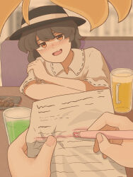  2girls alcohol beer beer_mug black_hat blonde_hair blush booth_seating brown_eyes collared_shirt commentary_request cup fang fingernails food hat highlighter highres looking_at_viewer maribel_hearn meat medium_hair mug multiple_girls open_mouth paper plate pov pov_hands sannkannshion shirt short_sleeves skewer skin_fang smile table taboo_japan_disentanglement touhou upper_body usami_renko white_shirt 
