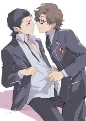  2boys black_hair black_jacket black_pants black_ribbon brown_eyes brown_hair closed_mouth commentary_request dress_shirt face-to-face hair_slicked_back hiraga_keisuke isa_(peien516) jacket male_focus multiple_boys neck_ribbon odagiri_hidetoshi open_clothes open_jacket pants partially_unbuttoned persona persona_3 ribbon shirt short_hair simple_background sitting undone_neck_ribbon white_background white_shirt 