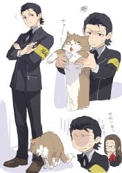  1boy 1girl animal black_eyes black_hair black_jacket black_pants black_ribbon brown_shoes cat closed_mouth commentary_request crossed_arms dress_shirt fushimi_chihiro hair_slicked_back holding holding_animal holding_cat isa_(peien516) jacket male_focus multiple_views neck_ribbon odagiri_hidetoshi pants persona persona_3 ribbon shirt shoes short_hair squiggle standing translation_request white_shirt 