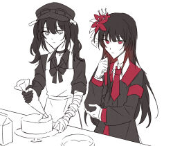  2girls apron arm_belt armband asymmetrical_gloves bandaged_arm bandaged_hand bandages black_capelet black_choker black_gloves black_hair black_hat black_ribbon black_shirt black_skirt cake capelet choker closed_mouth collared_shirt commentary_request crown flower food gloves goggles goggles_on_headwear grey_eyes hair_flower hair_ornament hat highres holding kurobe_nanoka layered_skirt long_hair long_sleeves mahou_shoujo_no_majo_saiban mini_crown multiple_girls neck_ribbon necktie nikaido_hiro overskirt pastry_bag red_armband red_eyes red_flower red_necktie red_skirt ribbon shirt side_capelet simple_background skirt touming_jun twintails white_apron white_background white_shirt 