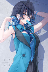  1girl absurdres arm_behind_head arms_up black_hair black_pants black_vest blue_eyes blue_hair blue_necktie blue_shirt blue_vest cleavage_cutout clothing_cutout collared_shirt colored_inner_hair commentary earrings food food_in_mouth hair_intakes highres hololive hololive_english jewelry looking_at_viewer medium_hair military_uniform mogu_(au1127) multicolored_hair necktie official_alternate_costume official_alternate_hairstyle ouro_kronii ouro_kronii_(4th_costume) pants popsicle popsicle_in_mouth shirt sleeveless sleeveless_shirt solo star_(symbol) star_earrings two-tone_hair two-tone_vest vest virtual_youtuber wolf_cut 