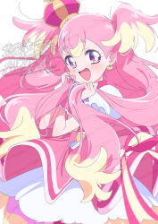  1girl :d blonde_hair bow butterfly_earrings commentary_request crown cure_wonderful dress dress_bow earrings highres holding_own_hair inukai_komugi jewelry long_hair looking_at_viewer magical_girl mini_crown multicolored_hair open_mouth pink_bow pink_crown pink_dress pink_hair precure puffy_short_sleeves puffy_sleeves serizawa_serizane short_sleeves simple_background smile solo streaked_hair tilted_headwear two-tone_hair two_side_up very_long_hair violet_eyes watermark white_background wonderful_precure! yellow_pupils 