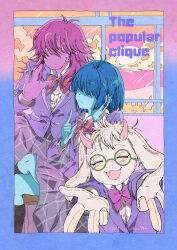  1boy 1girl 1other \m/ absurdres black_skirt blazer blue_hair claws closed_eyes commentary_request crossdressing crossdressing_(mtf) deltaebiko0721 deltarune double_v english_commentary floppy_ears goat_horns grin highres horns jacket kris_(dark_world)_(deltarune) kris_(deltarune) kris_(school_uniform)_(deltarune) open_mouth pink_hair pink_horns purple_jacket ralsei ralsei_(school_uniform) round_eyewear school_uniform skirt smile susie_(dark_world)_(deltarune) susie_(deltarune) susie_(school_uniform)_(deltarune) utdr_(toby_fox) v 